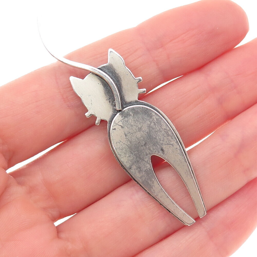 Beau 925 Sterling Silver Vintage Modernist Cat Oxidized Pin Brooch